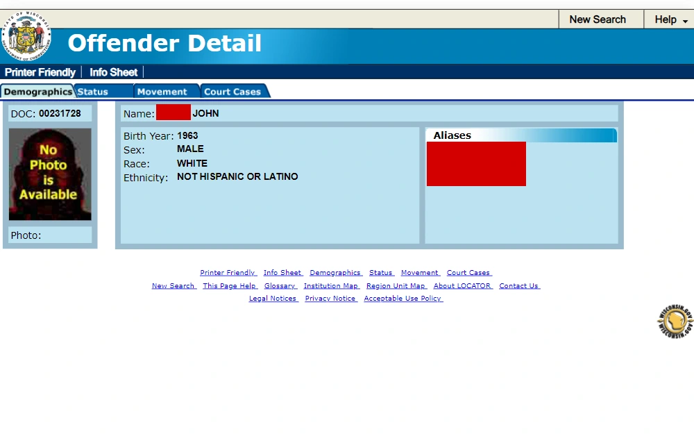 A screenshot of the search tool individuals can use to search the online directory by inmate name and filter results by county to Milwaukee County.