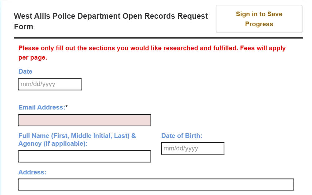 A screenshot of the online form used to obtain records from the West Allis Police Department.