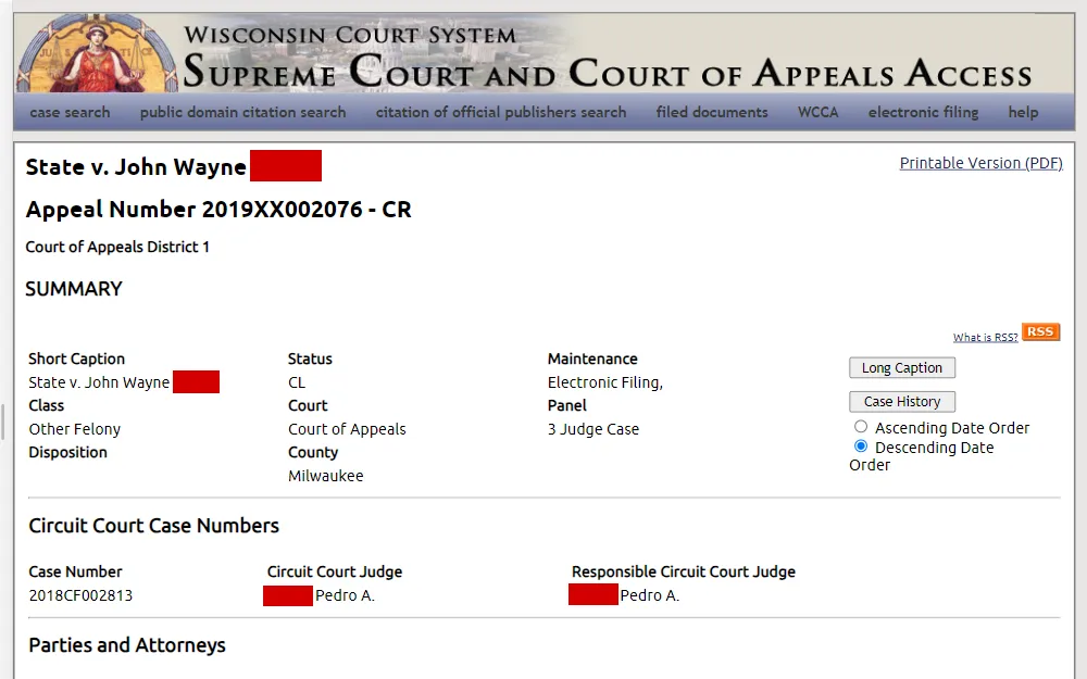 A screenshot of the search tool that allows users to research circuit courts, courts of appeal, and supreme court cases.