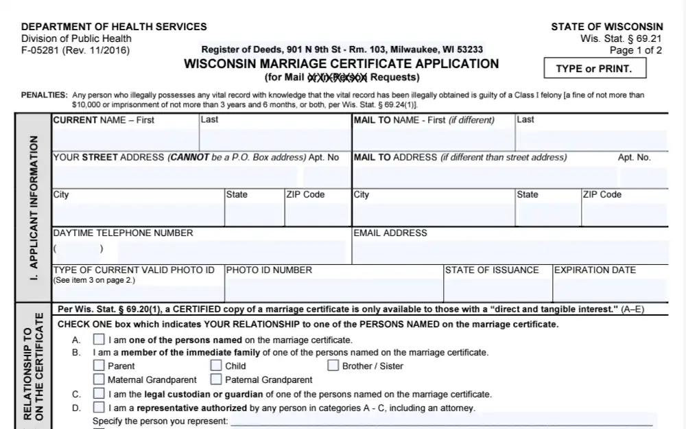A screenshot of the form used to obtain marriage documents in Milwaukee.