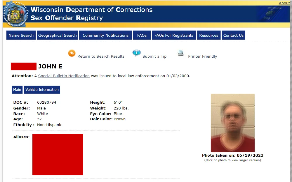 A screenshot of the search tool that allows the public to search by geographic location to identify individuals on the state's sex offender registry.
