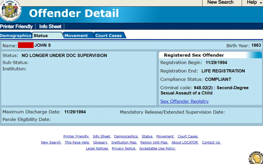 A screenshot from the Wisconsin Department of Corrections displays the sex offender details, including the name, status, registration start and end date, compliance status, criminal code, and maximum date charge.